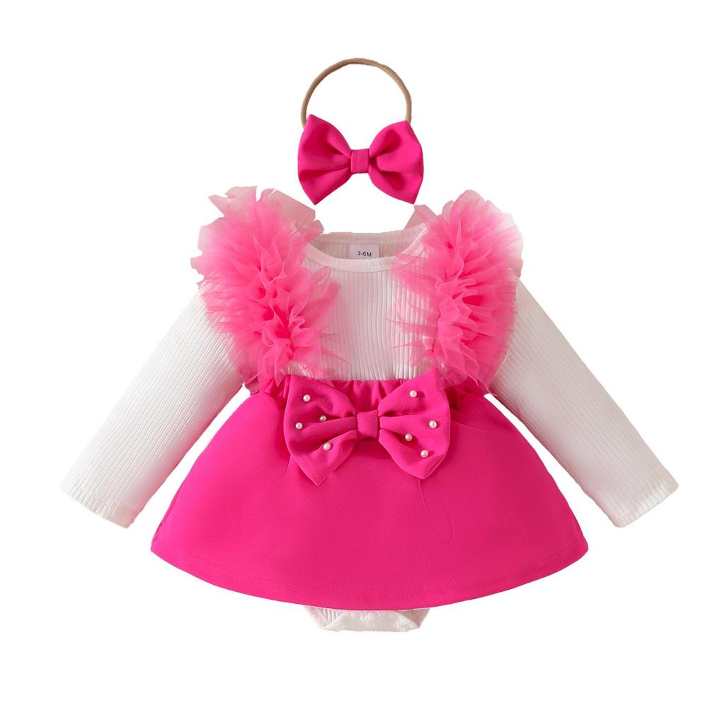 Baby Girl Long-Sleeve Ribbed Romper with Mesh Skirt Hem and Beaded Bow for Autumn and Winter