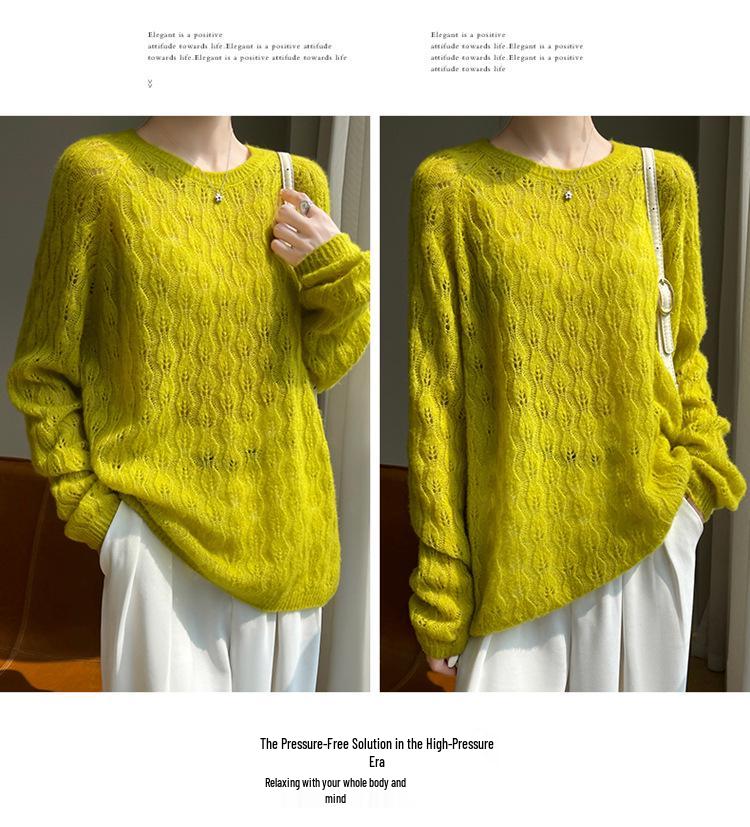Crochet Hollow Knit Cashmere Sweater - Women's Autumn/Winter Round Neck Loose Fit
