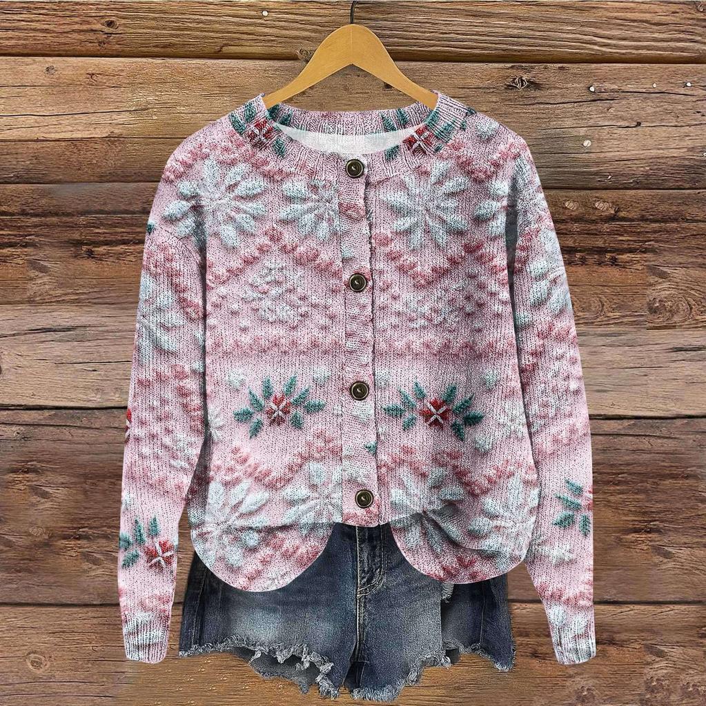 Women's Vintage Knit Button Christmas Print Cardigan Jacket