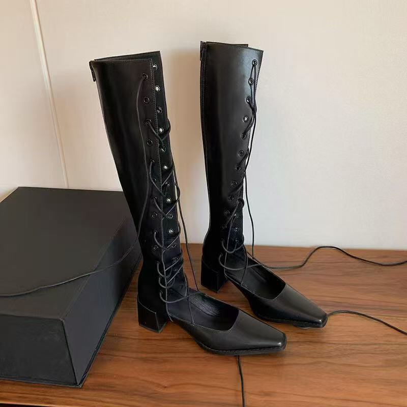 

Hollow boots women s 2025 summer new personalized straps knight boots thin breathable net boots thick-soled boots women 35 чёрный