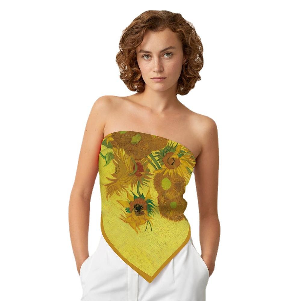 Silk Scarf Women Sunflowers Print Square Scarves Head Echarpes Silk Foulards Femme Wraps Beach Shawls Bandana Lady Hijabs 90CM