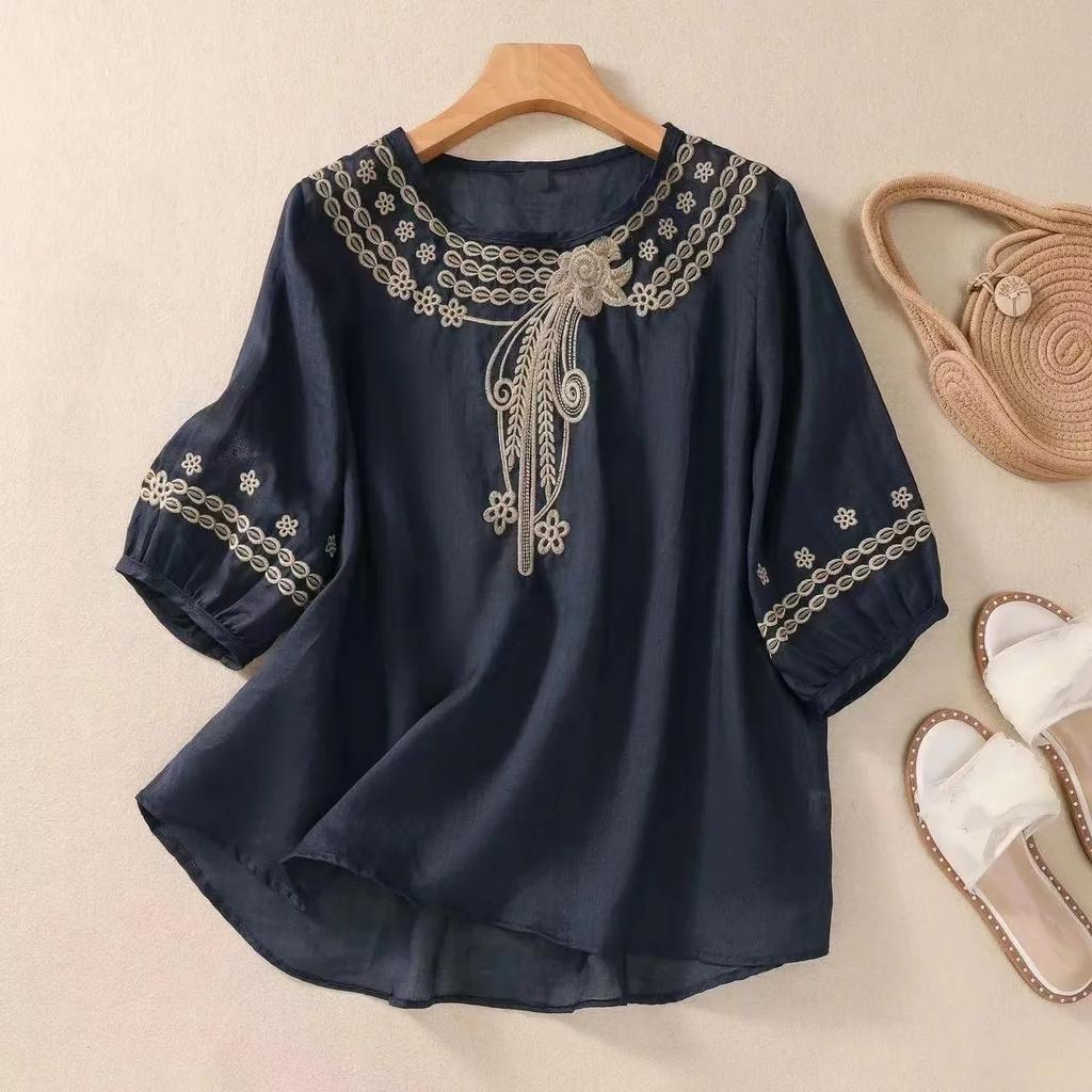 Dam Sommar Litterär Retro Bomull Linne Broderi Skjorta Blus Temperament Sju-minuters Ärm Lös Tunn Skjorta