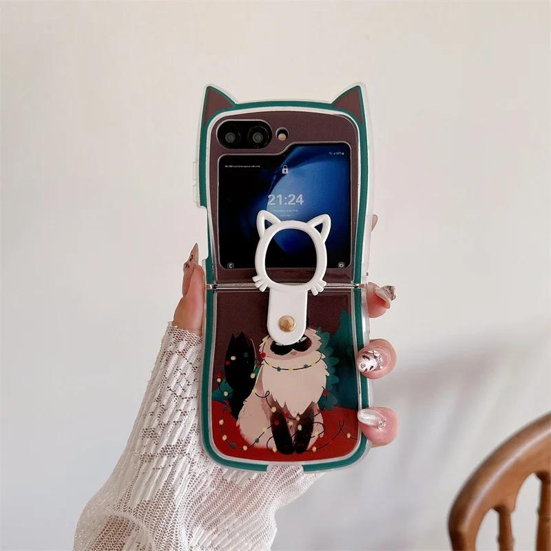 For Samsung Galaxy Z Flip 6 5 4 3 Case ZFlip6 Z Flip6 ZFlip 6 Cute Christmas Cat Pendant Lanyard Cat Ears Shockproof Cover