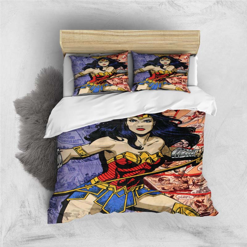

NewMini Wonder Woman comic book bedding set, 1 duvet cover and 2 pillowcases, home decor, holiday gift. 135x200cm