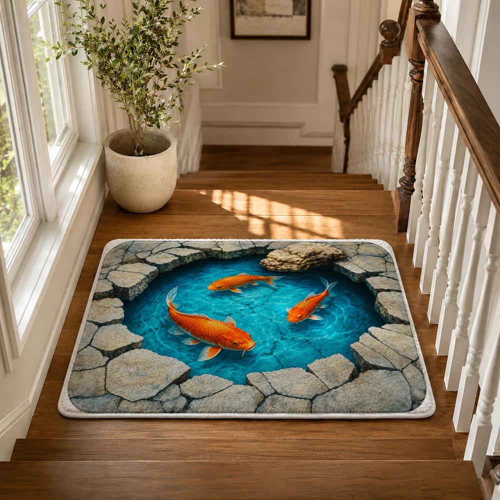 Mystic Koi Pond Floor Mat Flannel Rug Non Slip Absorbent Soft Washable for Entryway Hallway Bathroom Kitchen Decor