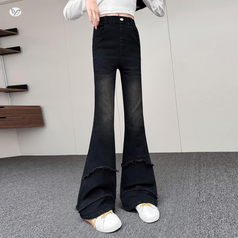 Girls' High Waist Raw Hem Tassel Denim Flare Pants - Autumn 2026 New Arrivals for Medium and Large Children