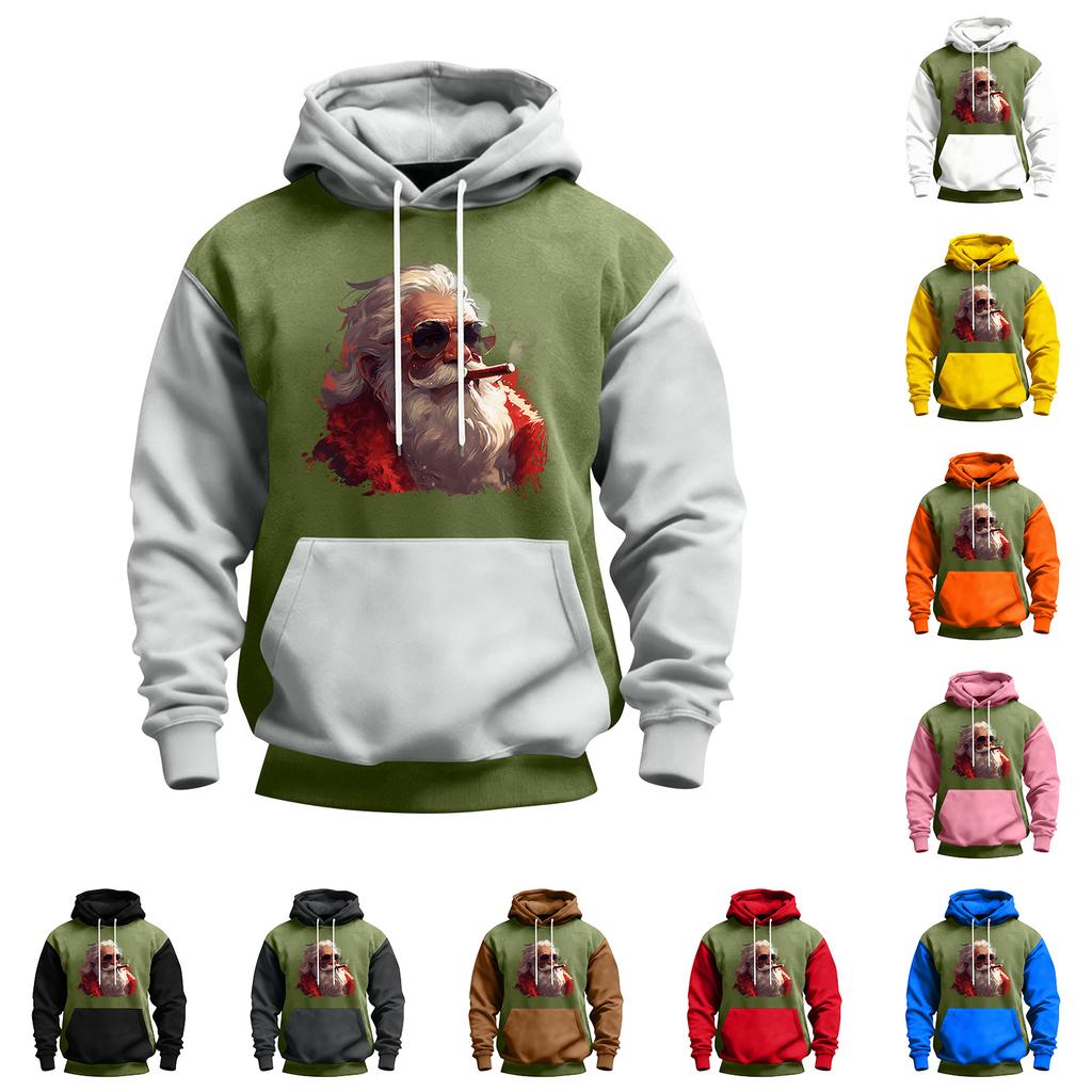 Чоловічий худі з різдвяним принтом, кольоровий блок, повсякденний спортивний комфортний світшот