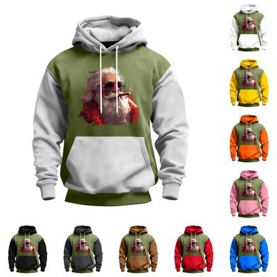 Erkek Noel Baskılı Renk Bloklu Kapüşonlu Günlük Spor Konfor Sweatshirt