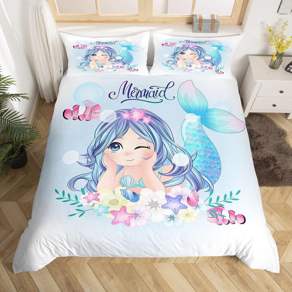 Cute Cartoon Mermaid Duvet Cover Twin Queen Ocean Themed Bedding Set Mermaid Princess Comforter Cover For Kids Girls Room Decor