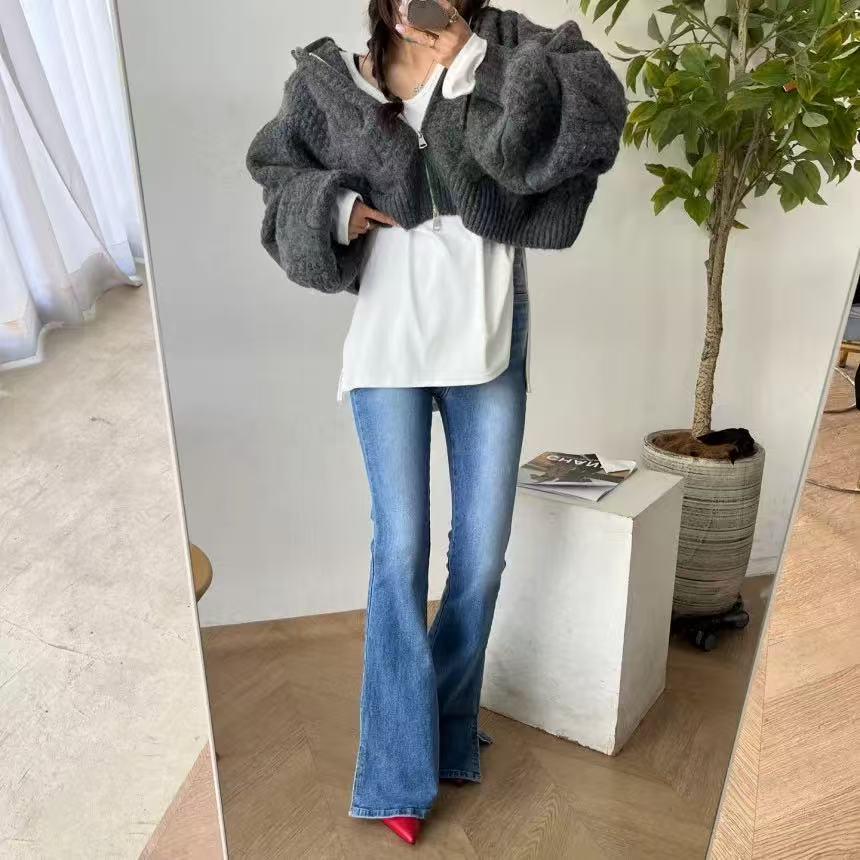 Korean Hooded Cable Knit Zip-Up Short Cardigan - Fresh Autumn Solid Color Tie Sweater Coat