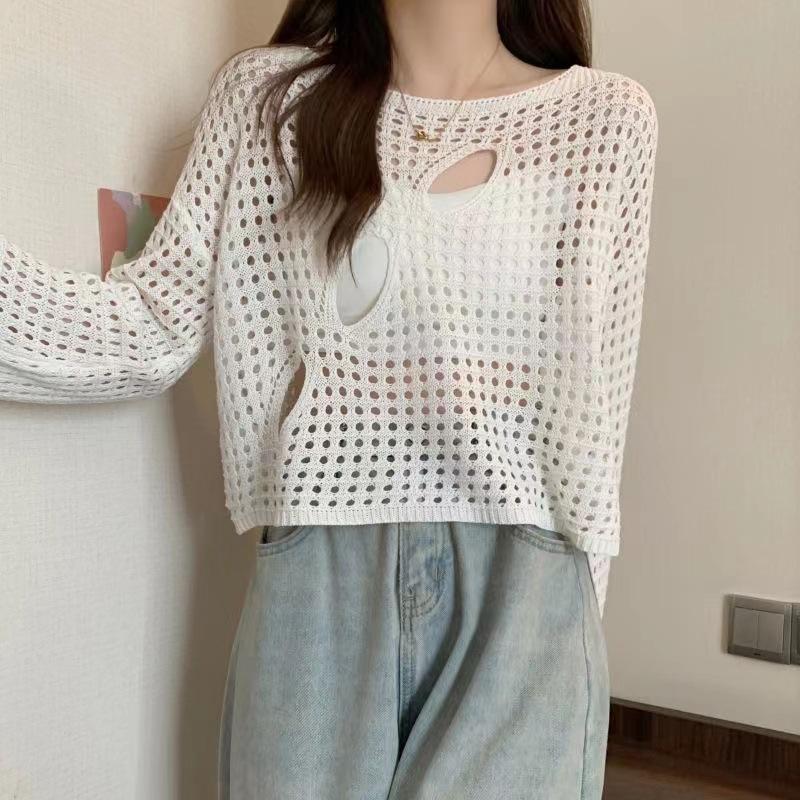 

Niche design top high-end summer spice girl thin hollow blouse women s knitted sweater long sleeve hole 46-101 (average size) білий