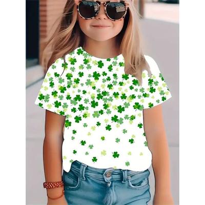 Fashionable Simple Fresh Four Leaf Clover Pattern Girls' Round Neck Pullover Short Sleeved Shirt