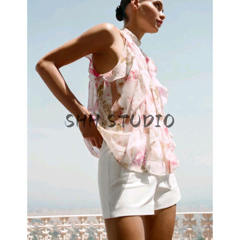 Summer New Product Women's Clothes Turtleneck Sleeveless Translucent Flower Print Laminated Decoration Tops 2298125