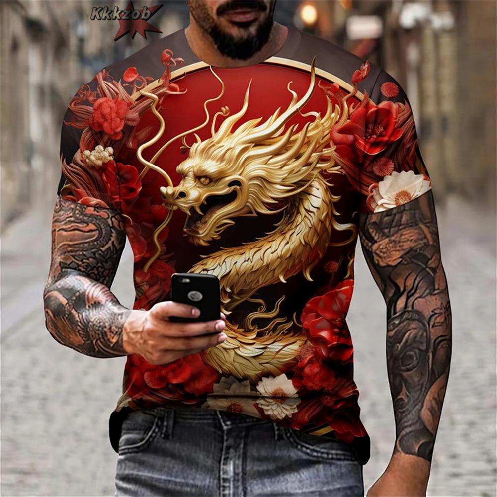 Camiseta Masculina Estampa 3D Dragão e Leão Novidade Camiseta Chinesa Camiseta da Moda Homem Dia a Dia Exterior Rua Camisetas Oversized