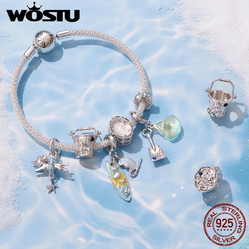 WOSTU 925 Sterling Silver Ocean Charms Starfish Shell Bucket Dolphin Surfboard DIY Beads for Original Bracelet Jewelry Making