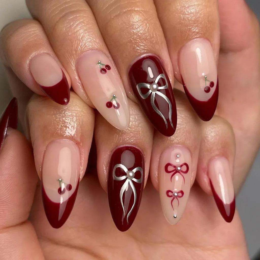 24Pc French Almond Gradient Red Press On Nails With Glue Simple Star Design Full Cover False Nail Tips