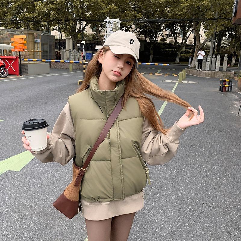 Cotton Vest Women's Short Solid Color Stand-up Collar Loose Cotton Vest Jacket Cotton Vest Sleeveless Cotton Vest Tide