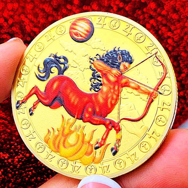 Zwölf Tierkreiszeichen, Farbdruck, Skorpion, vergoldete Farbdruck-Gedenkmedaille, Zwillinge der Liebe, dekorative Goldmünze, Waage Münze