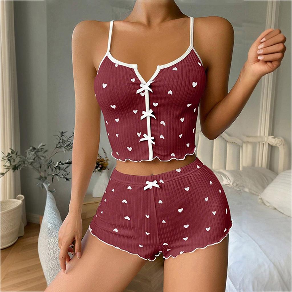 Women's Heart Printed Front Slit Camisole Pajama Set Sleepwear Loungewear