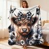 Cute Highland Cow Plaid Blanket with Bow & Black White Butterfly & Floral Print Soft Flannel All-Season Cozy Throw Contemporary Sc