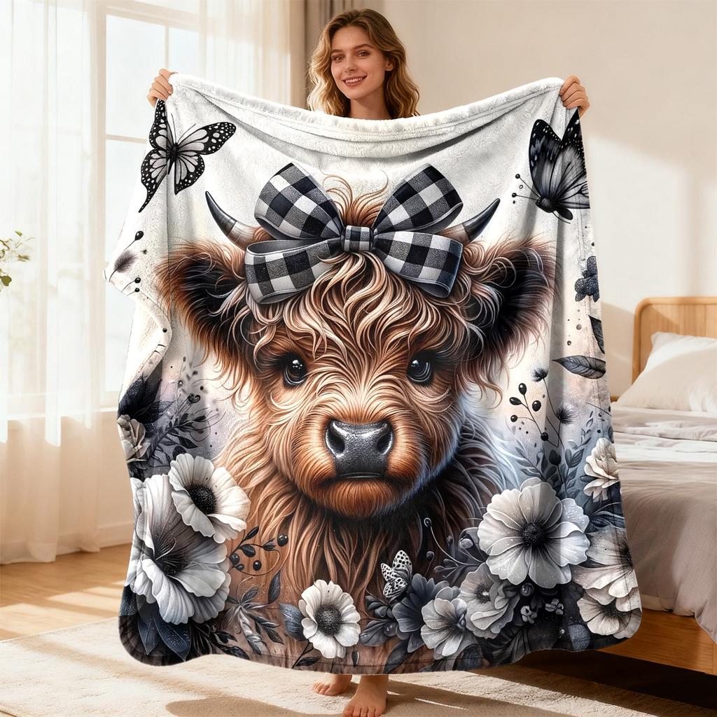 Cute Highland Cow Plaid Blanket, with Bow, Black And White Butterflies And Floral Print, Soft Fleece Material, All-Season Comfortable Throw, Modern Sc