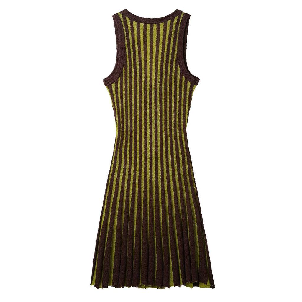 2025 Spring Women's Elegant Striped Patchwork Knit Sleeveless Waist-Cinching Dress