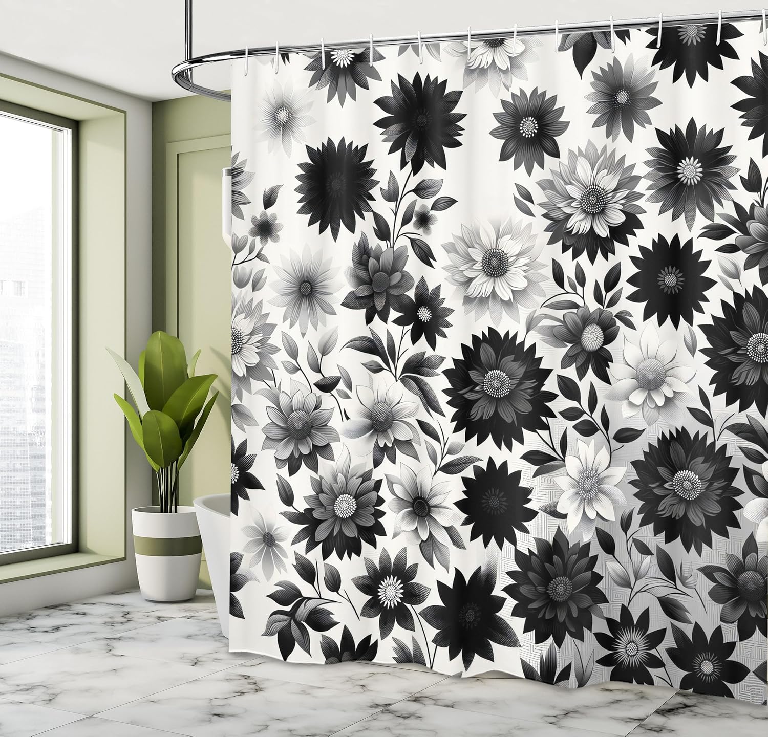 Black and White Shower Curtain, Blossoming Vintage Concept Garden Flowers Romantic Monochrome, Cloth Fabric Bathroom D 90x180cm