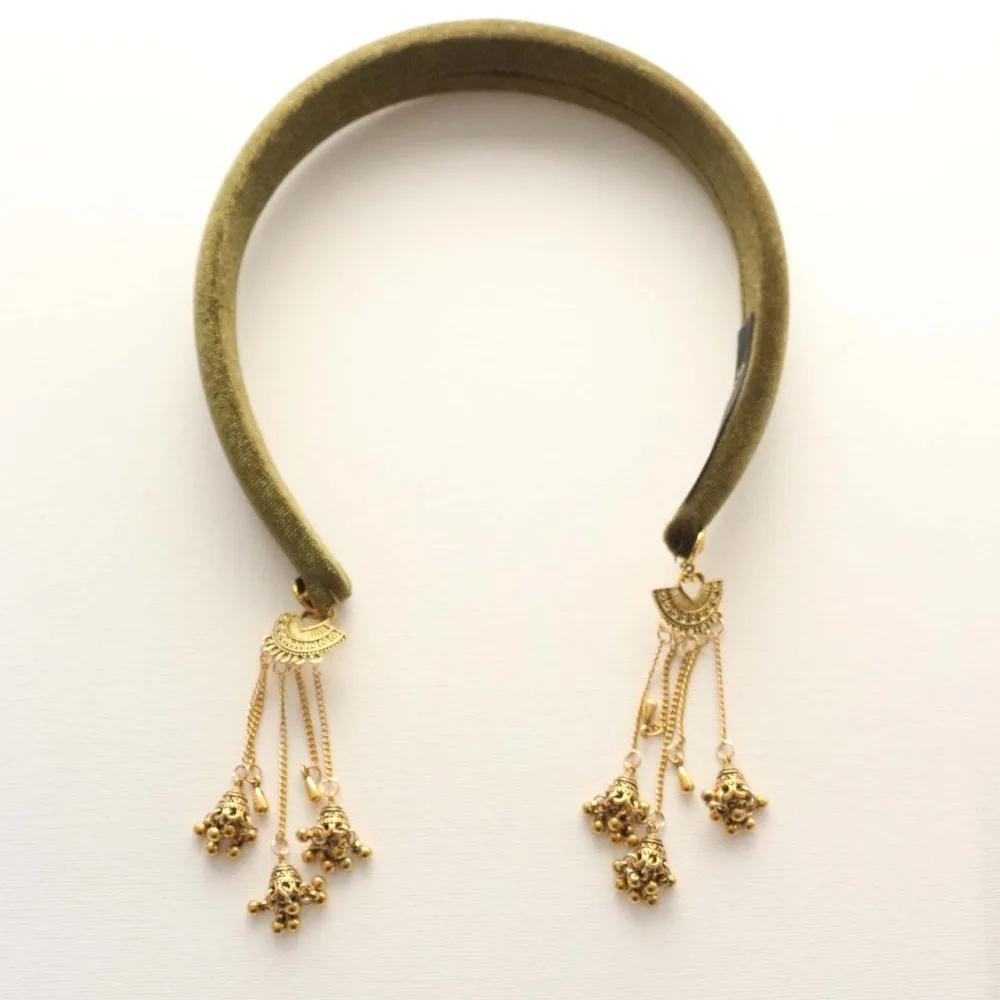 

Elegant Alloy Bell Tassel Hairband Luxury Shiny Vintage Hair Hoop Flocking Fake Earrings Ethnic Style Headband Women зелёный