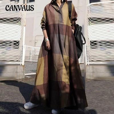 Frühlings- und Herbst-Damenkleid Übergröße Modekleid Vintage-Druck Locker Langärmlig Große Schwingkleider