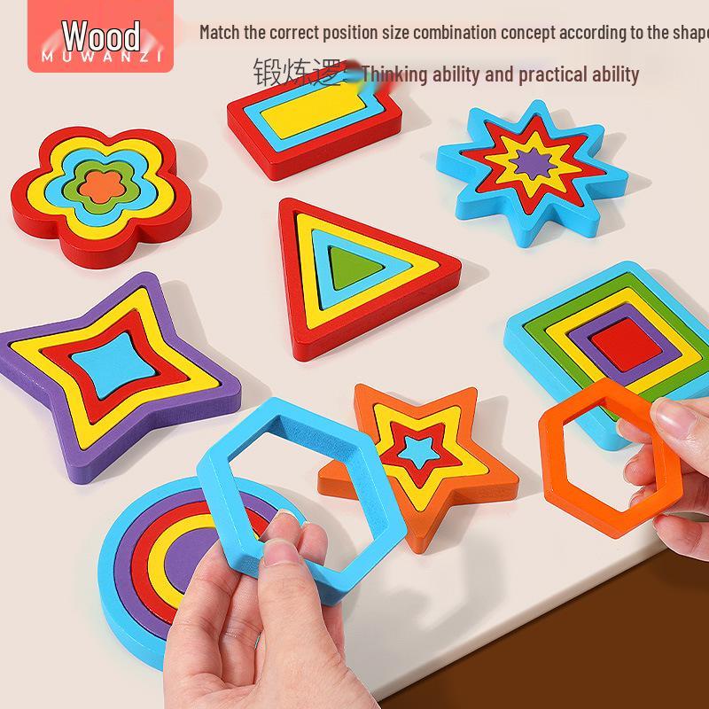 Montessori Wooden Geometric Shape Puzzle Blocks for Early Education