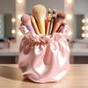 Pen Holder Large Capacity Makeup Brush Storage Holder with Soft Pink Satin Texture Design Stable Base Organizer for Home Dormitory