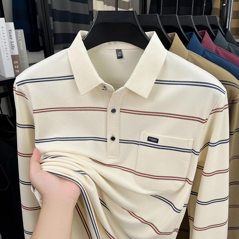 Men S Striped Long Sleeve Polo Shirt For Middle Aged Spring Autumn