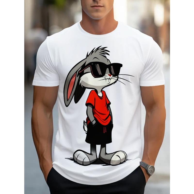 Men'S Bunny Graphic T-Shirt - Casual Summer Short Sleeve Tee with Fashion Glasses & Red Shorts Design, Round Neck, Comfortable