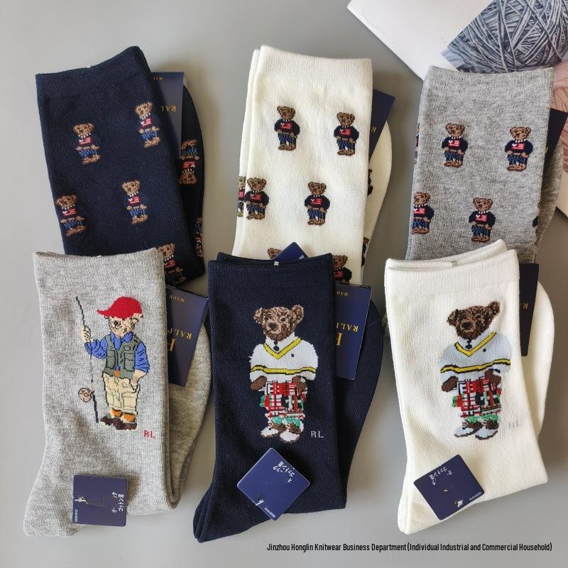 Trendy Little Bear Mid-Calf Women's Cotton Socks for Spring and Autumn