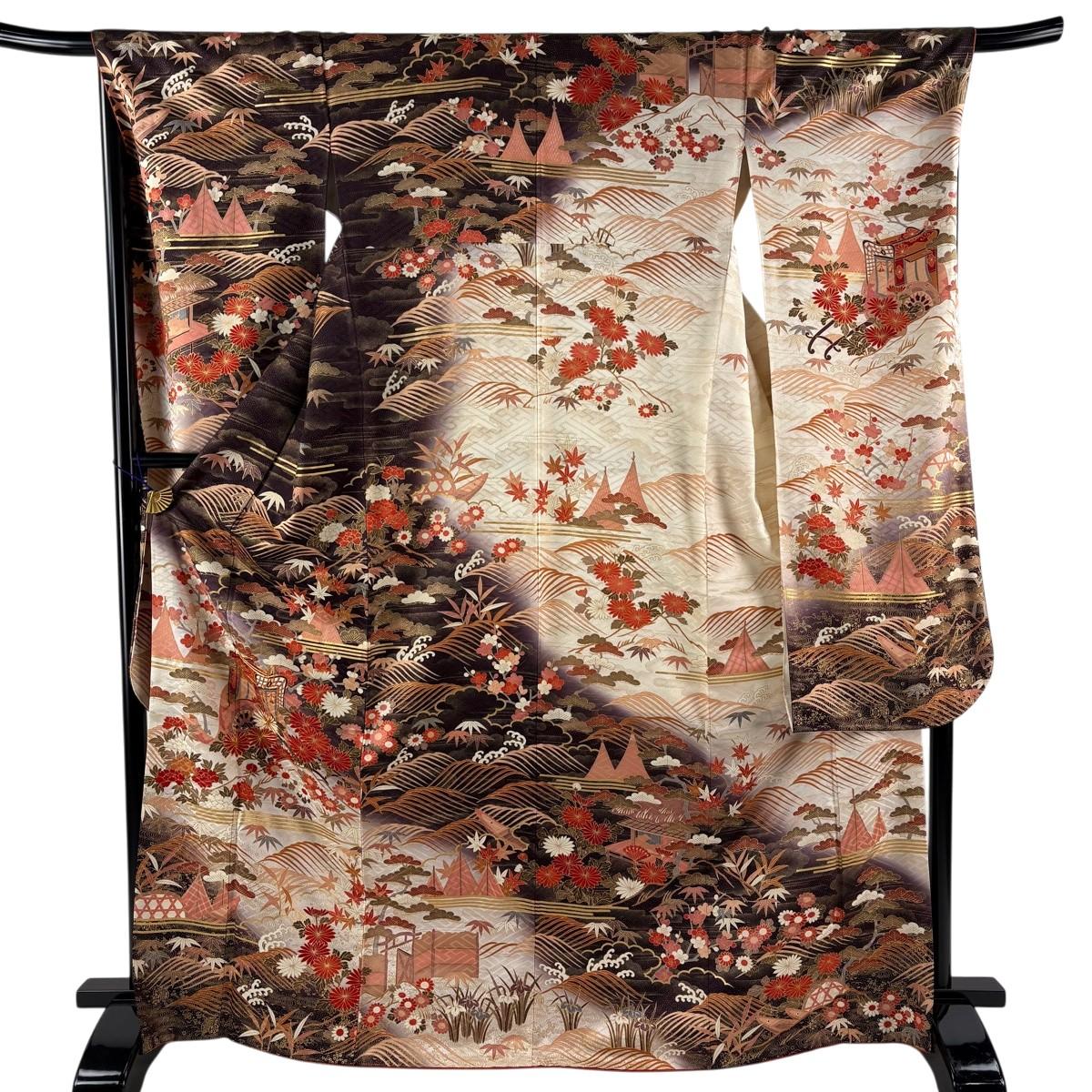 

Furisode, body length 169cm, sleeve length 68cm L, imperial sash, bamboo, plum, gold, gold, cream, pure silk, excellent item [Used] msp30
