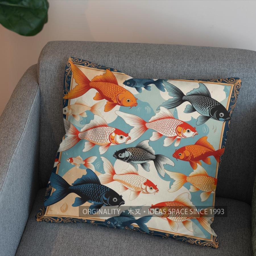 2D Stylish Koi Fish Pattern Decorative Pillow Cover Pattern Cushion Cover Suitable For Sofa Bedroom Car Pillow Cover