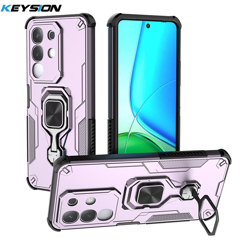 KEYSION Shockproof Armor Case for VIVO Y29 4G Soft Silicone+PC Upright Metal Live Ring Stand Phone Back Cover for VIVO Y29