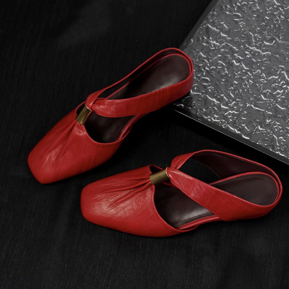 

Sheepskin version~ New French inner height increase pleated sheepskin bag head shoes women s one-pedal hollow square head half slippers summer 40 красный