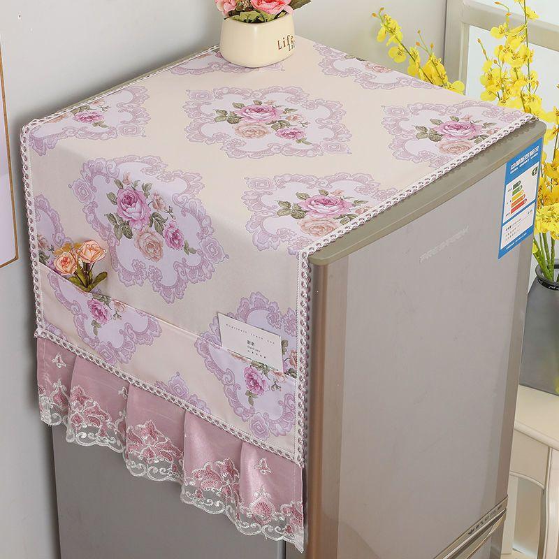 Rural Style Refrigerator Dust Cover with Lace Embroidery Patterns Anti Dust and Anti Stain Universal Size Double Door Refrigerator Decorative Cover