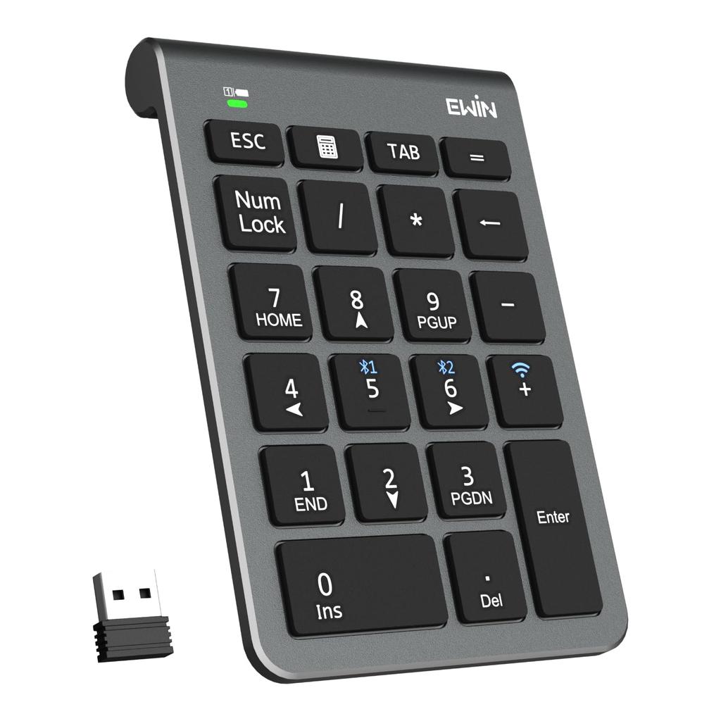 Ewin Numeric Keypad, Numlock Unlocked, Bluetooth2.4G Connection, 3-Device Connection, Wireless Number Keyboard, Ultra-Thin, Left-HandedOne-Handed