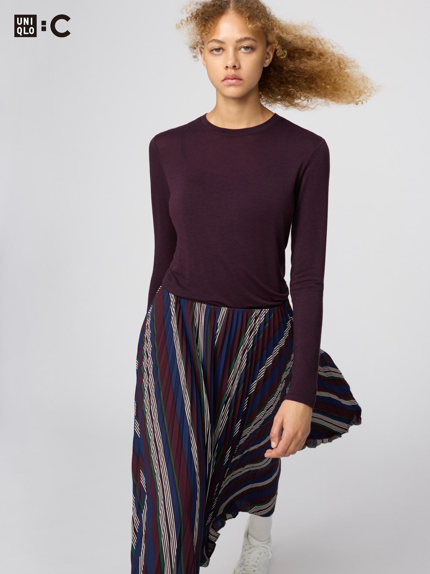 

Uniqlo HeaTTech Смесь кашемира Футболка с круглым вырезом Длинный рукав 79 DARK PURPLE/WOMEN 3XL