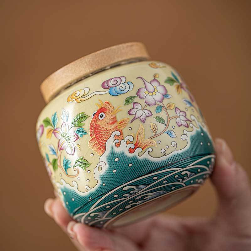 Creative Hand-painted Flower Ceramic Tea Jar with Bamboo Lid Sealed Storage Jar Portable Travel Tea Canister Home Decoration