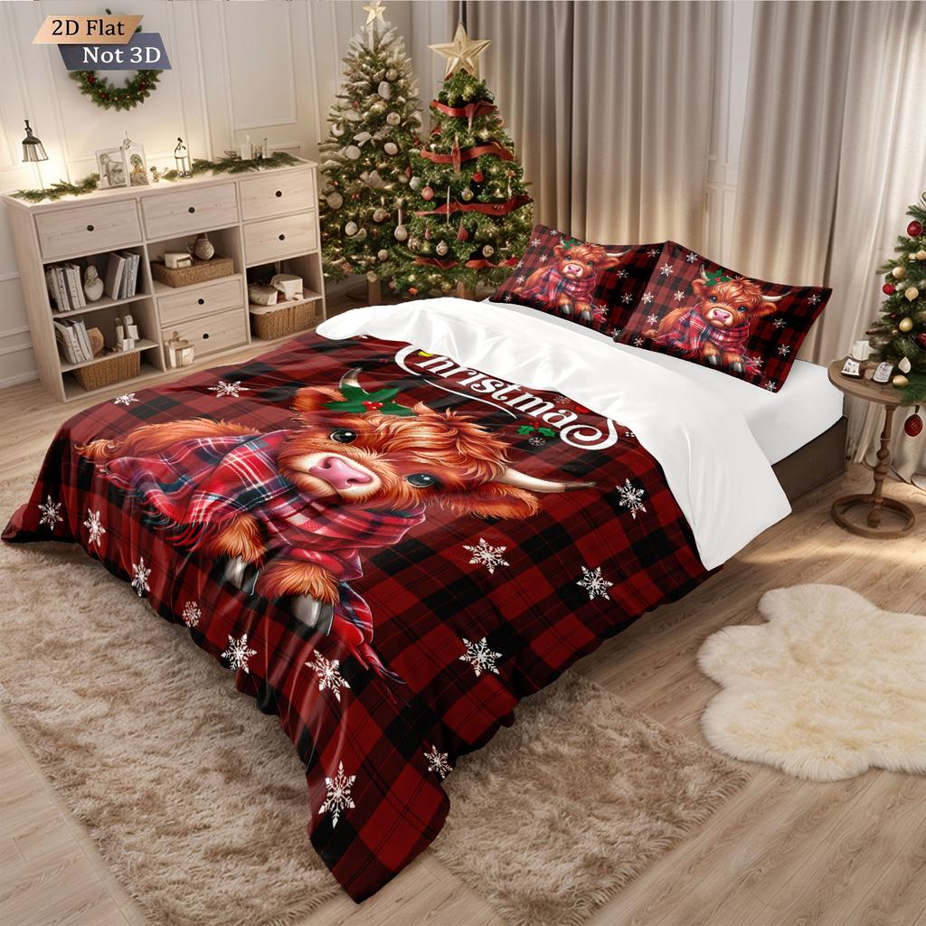 3-teiliges Weihnachts-Hochlandrind-Print-Kernloses-Quilt-Set, mehrgrößig, Schlafzimmer, Wohnheim-Bettwäsche-Dekoration, weich, maschinenwaschbar