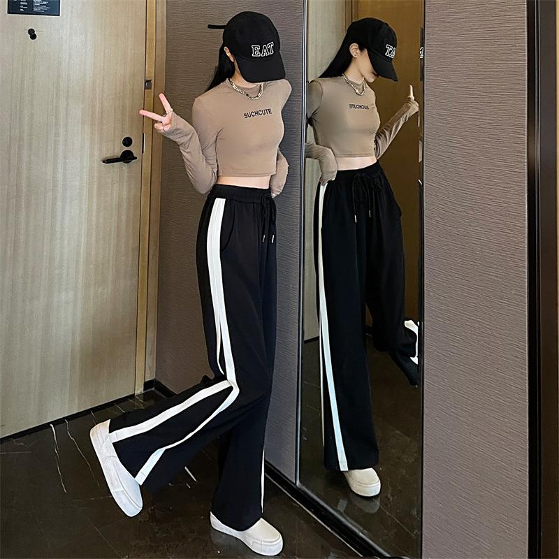 

Широкие брюки для женщин летом, тонкие, с высокой талией, обвисшие, толстые, мм, большие, узкие, повседневные, в полоску, спортивные, свободные, прямые брюки L чёрный