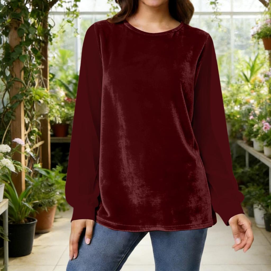 Women Long Sleeve Velvet Tops Crewneck Casual Loose Velour Blouses
