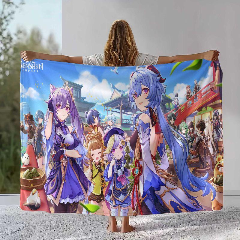 Classic Game Genshin Impact Cartoon Flannel Blanket,Ultra Soft Warm Plush Throw for Home Bedroom Bed Sofa Cover Office Camping