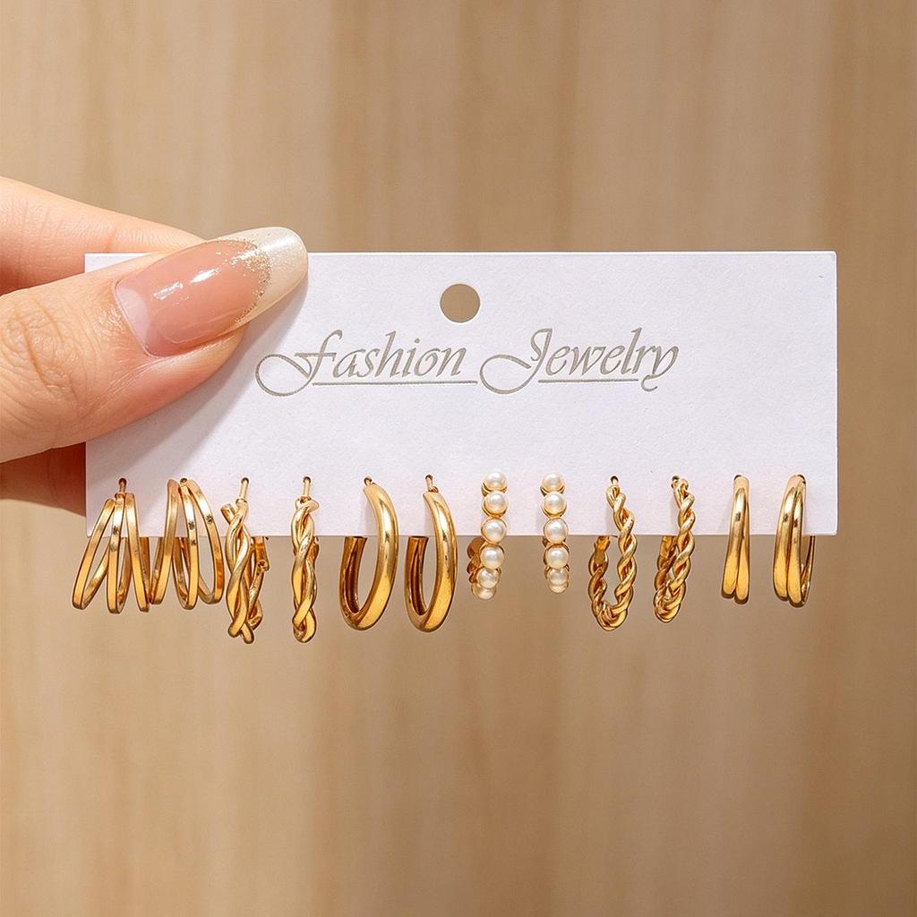 Elegant Retro Twisted Pearl & Metal Hoop Earrings Set for Women