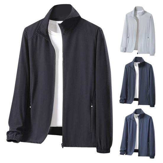 Men Women Sunscreen Jacket Stand Collar Long Sleeve Solid Color Zipper Closure Ice Silk