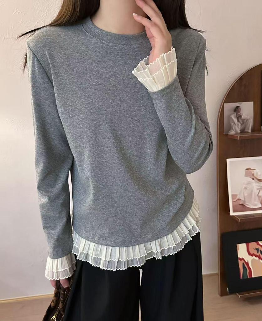 Spring 2025 Versatile Lace Patchwork Long Sleeve Knit T-Shirt