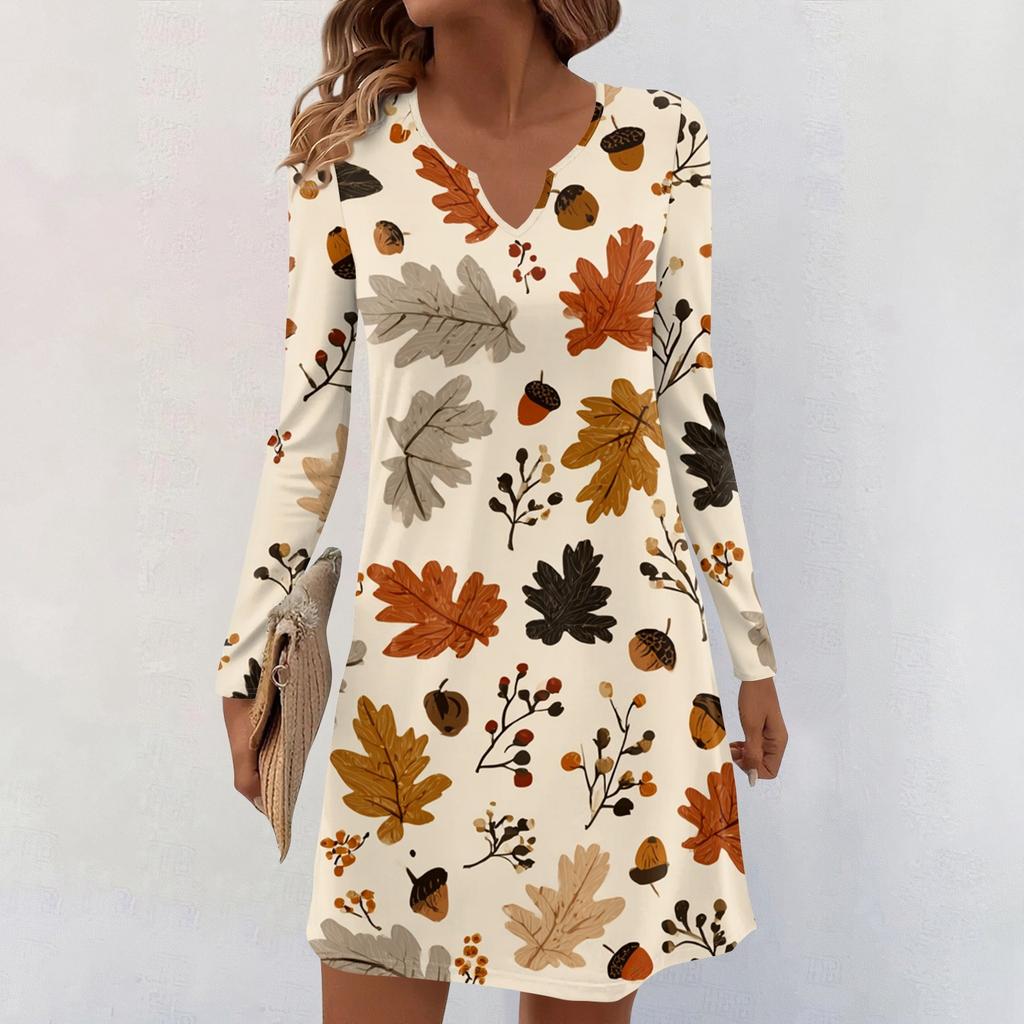 Women's Long-sleeved Casual Midi Dresses V-Neck Print  Casual Dress